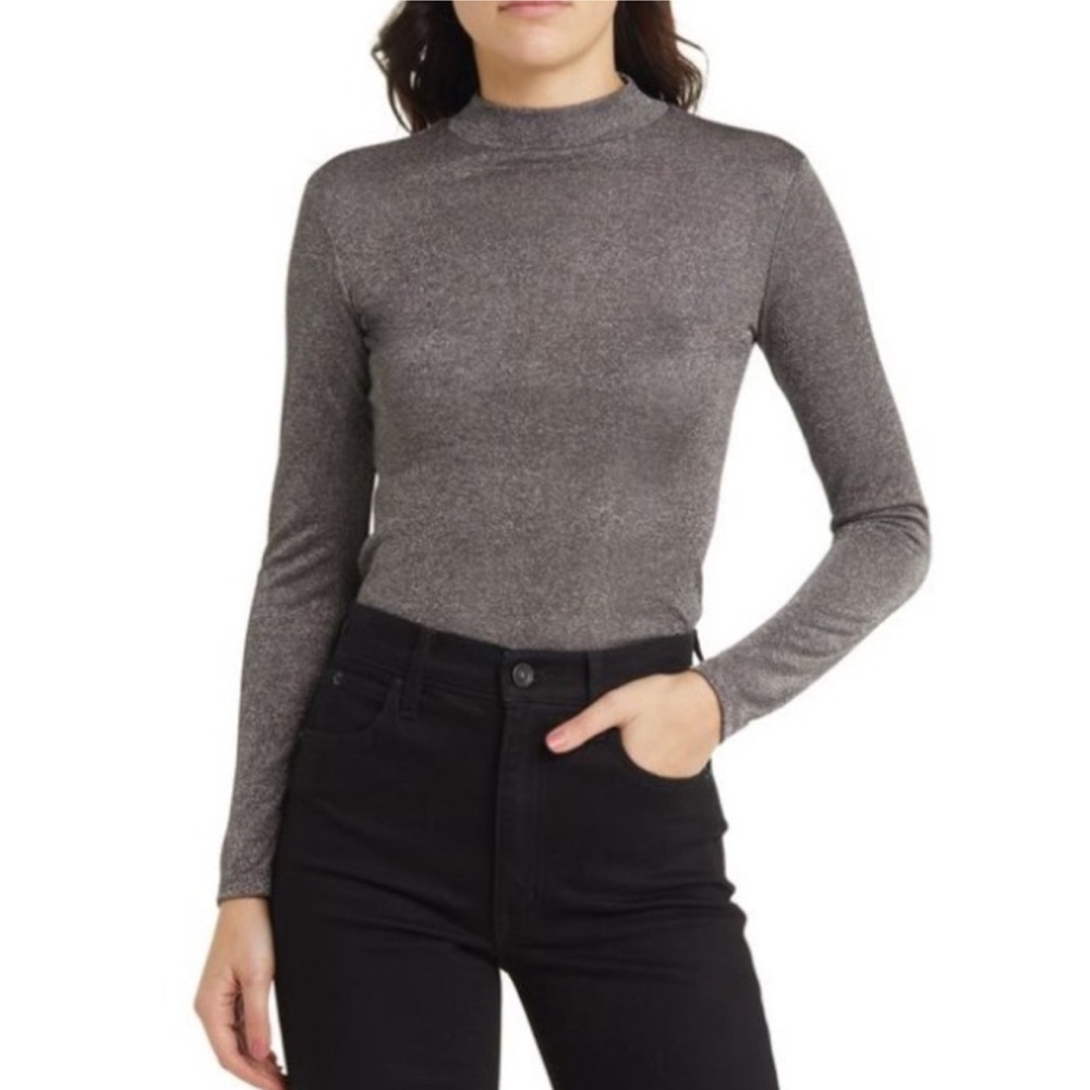 NEW Reformation Bailey Metallic Mock Neck Long Sleeve Top - Picture 1 of 6